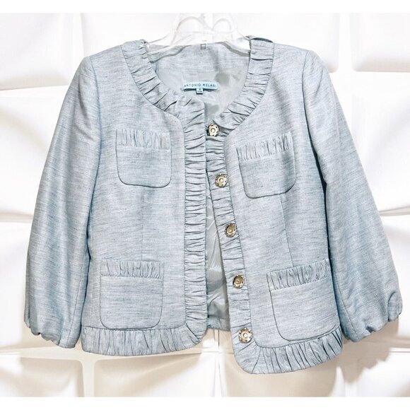 Antonio Melani Sz 4 Blue Linen Blend Ruffled Blazer Jacket Skirt Suit 2pc - Picture 4 of 9